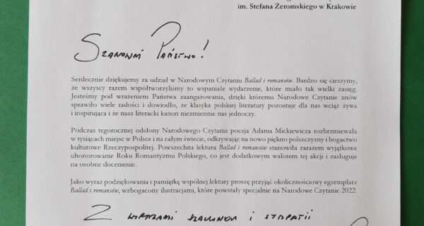 podziękowanie od Pana Prezydenta Andrzeja Dudy i Pierwszej Damy Agaty Kornhauser – Dudy.